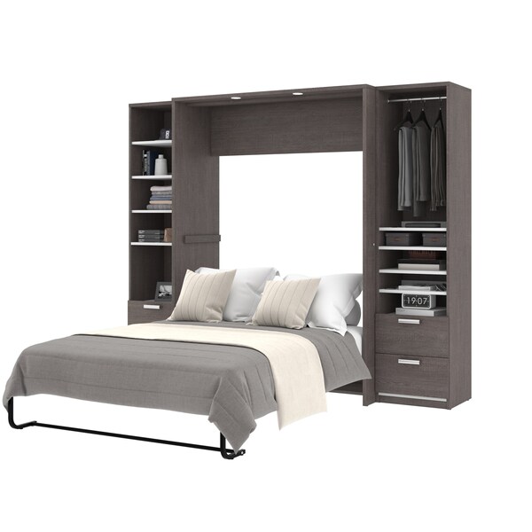 Cielo 99W Full Murphy Bed and 2 Narrow Shelving Units with Drawers (98W), Bark Grey & White